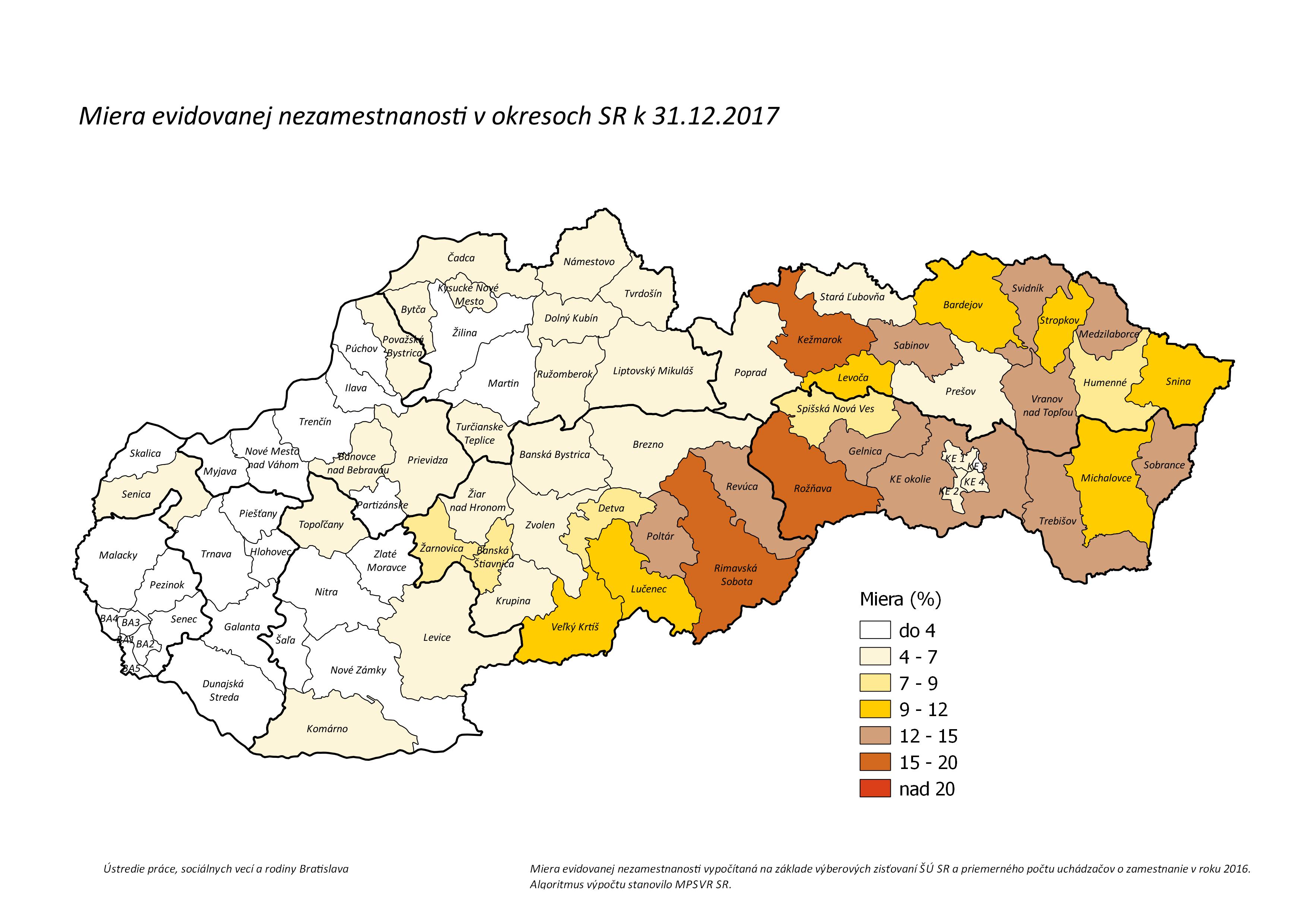 Miera evidovanej nezamestnanosti, nezamestnanosť v okresoch SR za december 2017